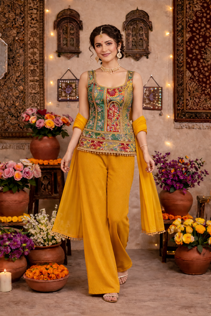 Hand-Touched Position Print Short Indo Top with Palazzo & Dupatta