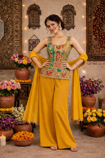 Hand-Touched Position Print Short Indo Top with Palazzo & Dupatta