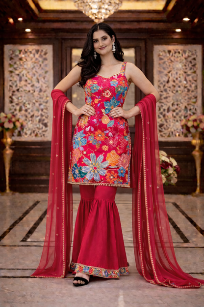 Floral Print with Emb. Straight Suit with Sharara and Dupatta