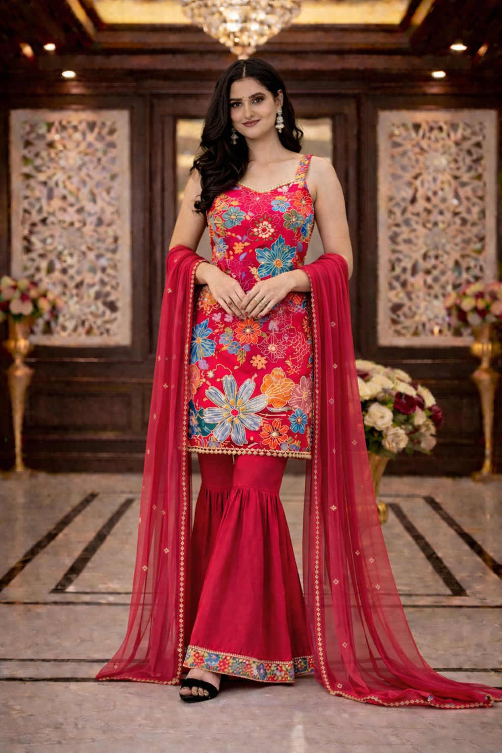 Floral Print with Emb. Straight Suit with Sharara and Dupatta
