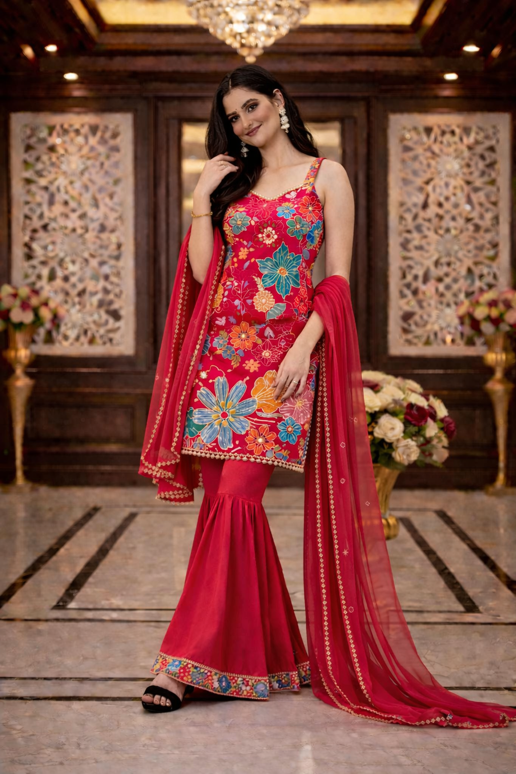 Floral Print with Emb. Straight Suit with Sharara and Dupatta