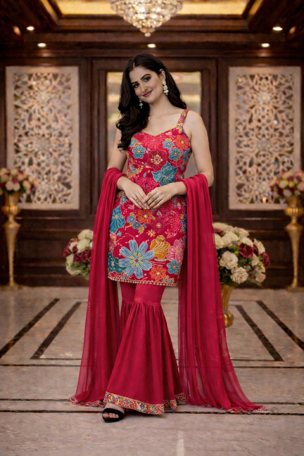Floral Print with Emb. Straight Suit with Sharara and Dupatta