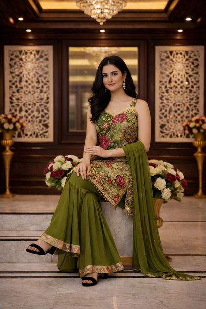 Floral Print with Emb. Straight Suit with Sharara and Dupatta