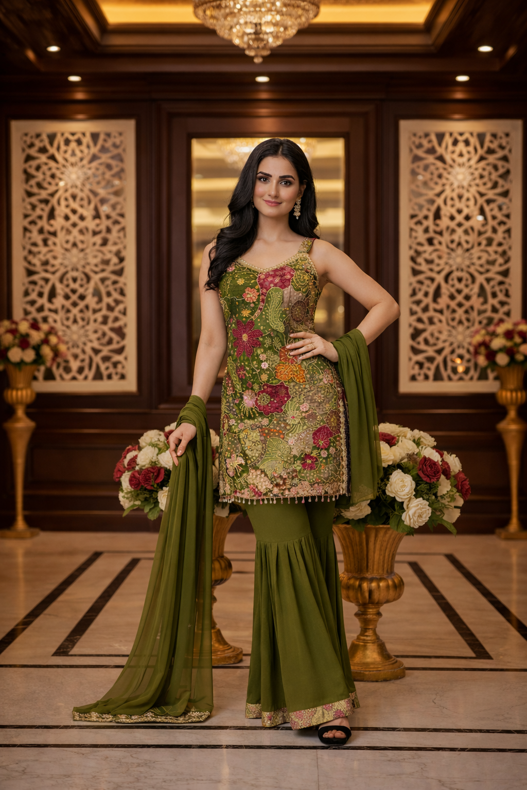 Floral Print with Emb. Straight Suit with Sharara and Dupatta