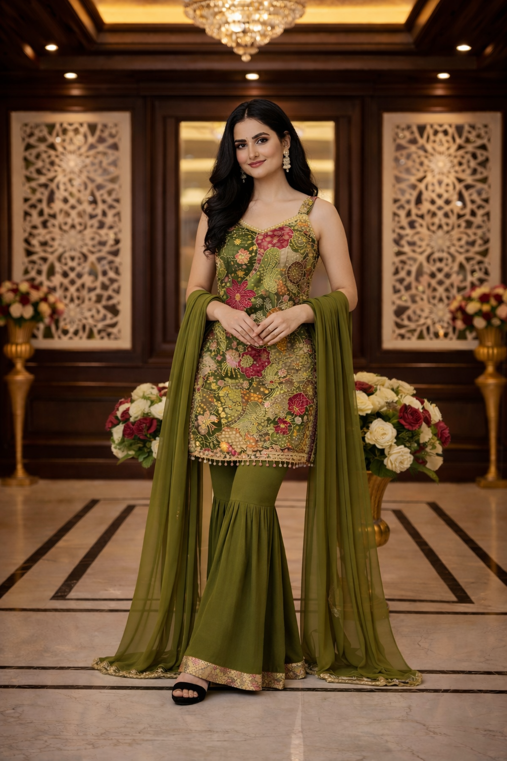 Floral Print with Emb. Straight Suit with Sharara and Dupatta