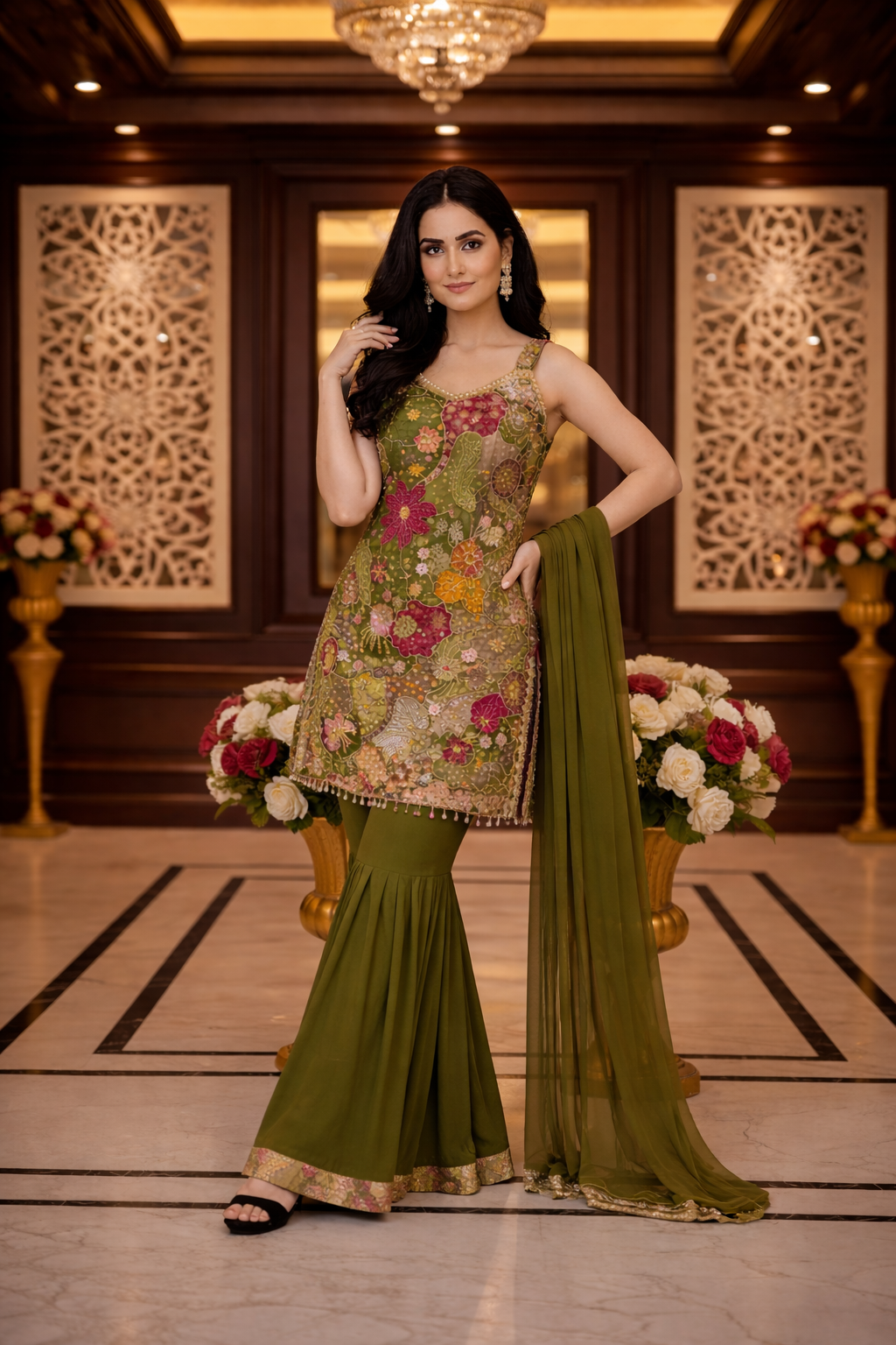 Floral Print with Emb. Straight Suit with Sharara and Dupatta