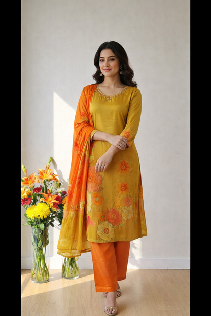 Pure Creape Printed Kurta with Pant and Dupatta set