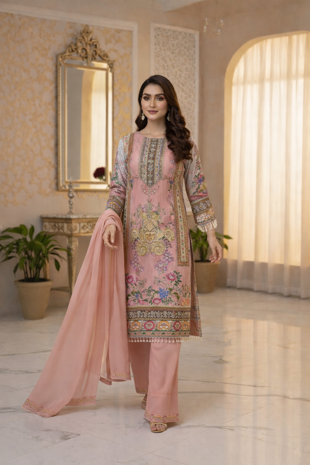 Pure Creape Printed Kurta with Palazzo and Dupatta