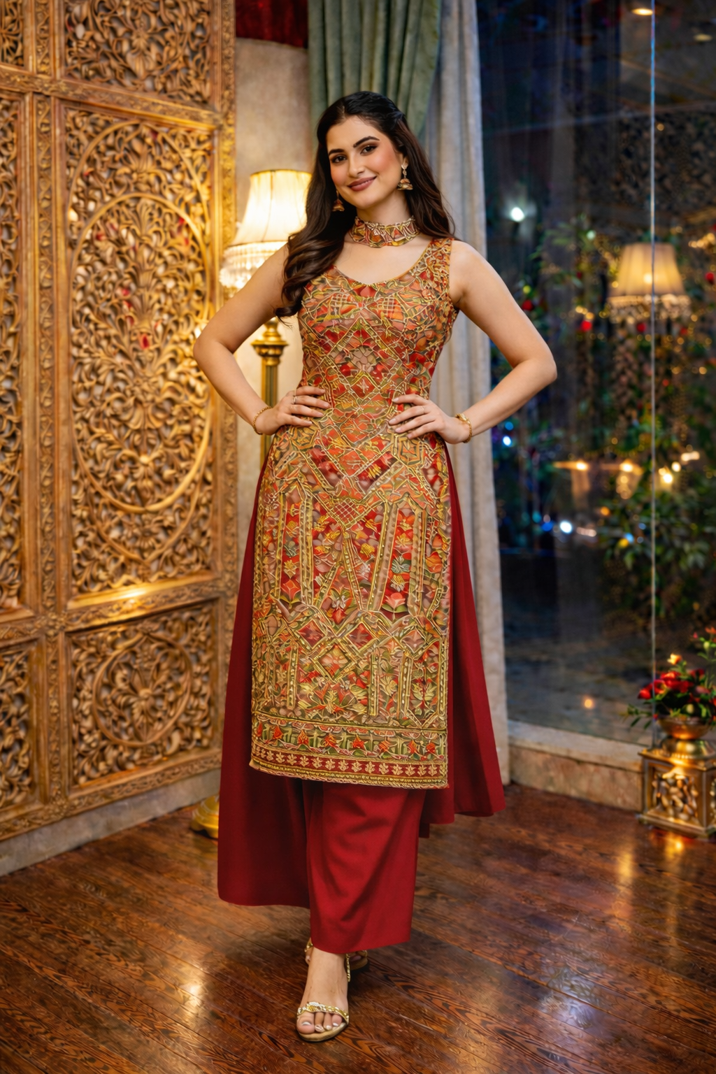 Position Print Long Straight Suit with Palazzo & Dupatta