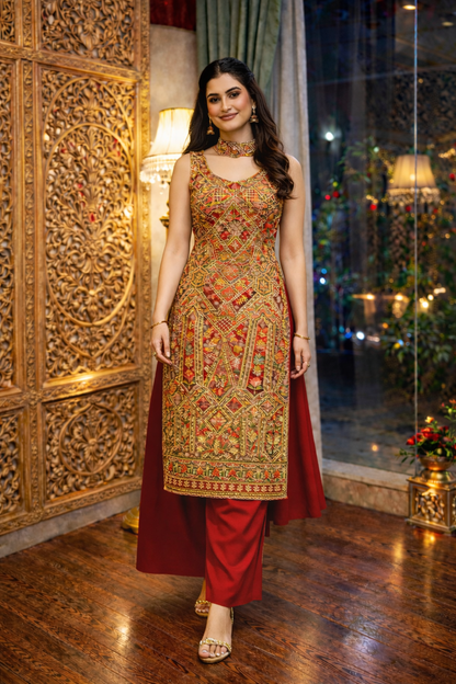 Position Print Long Straight Suit with Palazzo & Dupatta