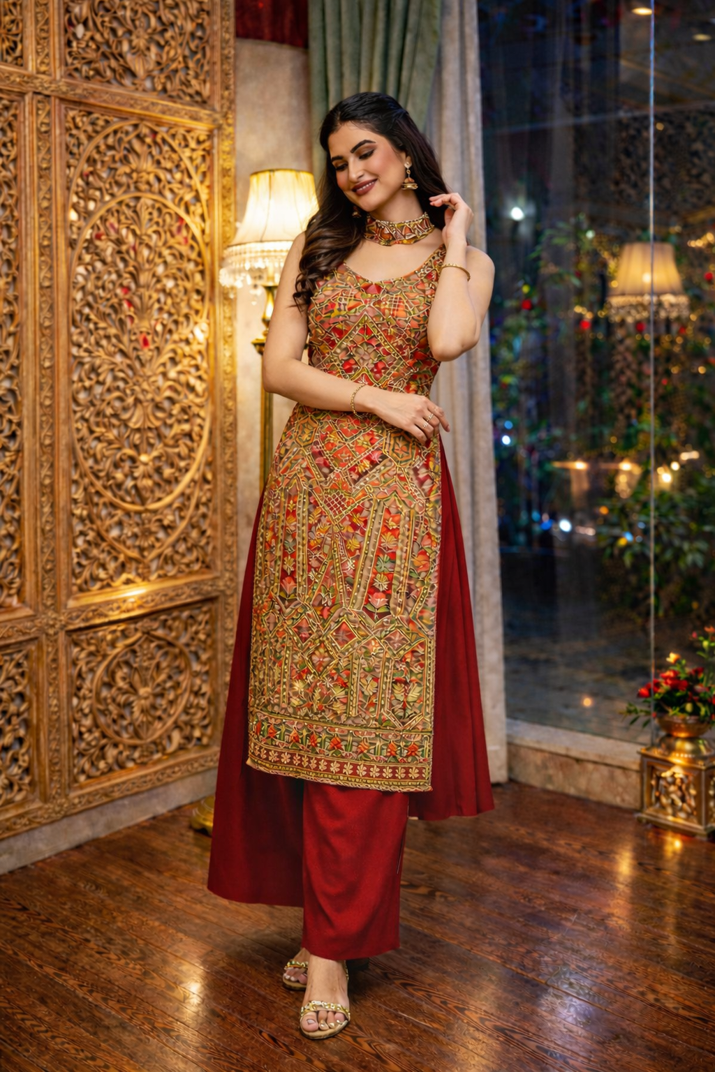 Position Print Long Straight Suit with Palazzo & Dupatta