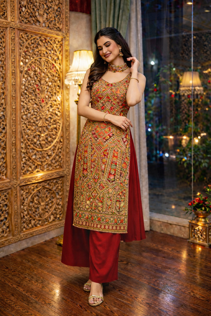 Position Print Long Straight Suit with Palazzo & Dupatta