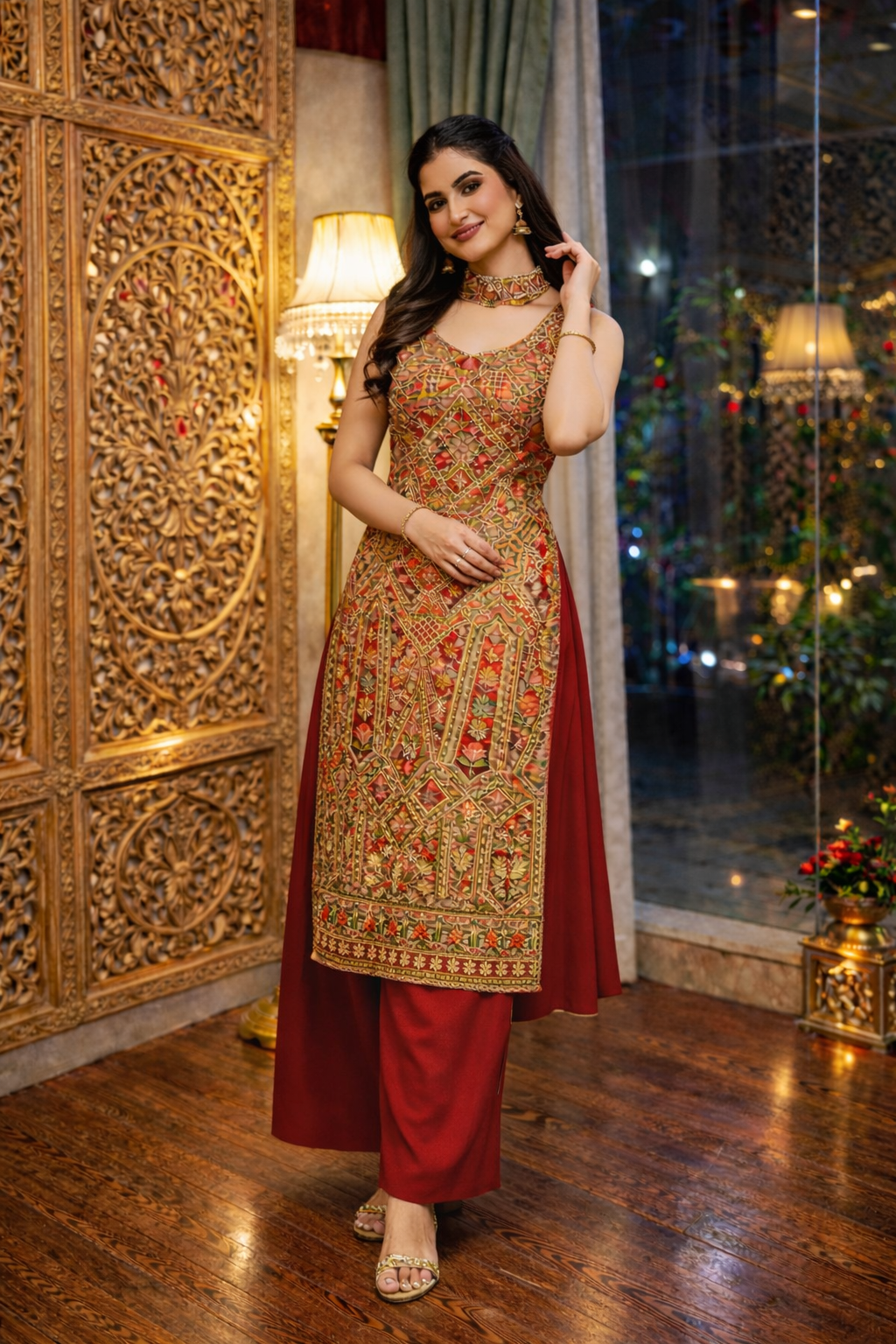 Position Print Long Straight Suit with Palazzo & Dupatta
