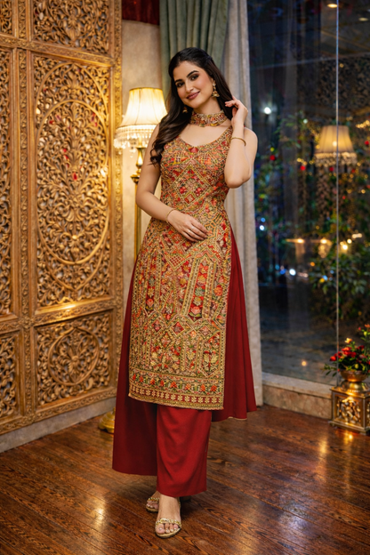 Position Print Long Straight Suit with Palazzo & Dupatta
