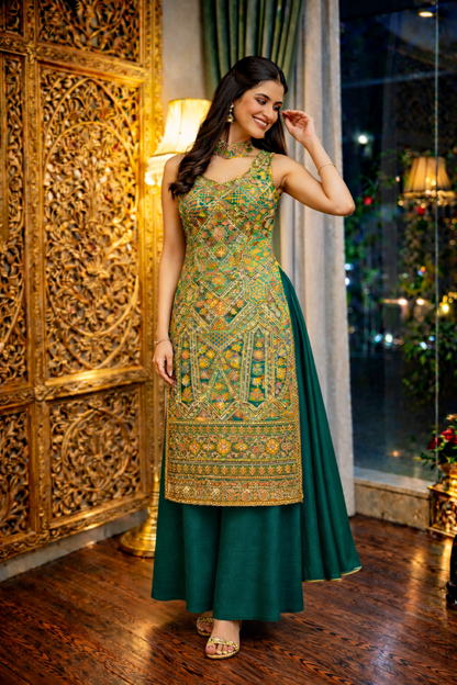 Position Print Long Straight Suit with Palazzo & Dupatta