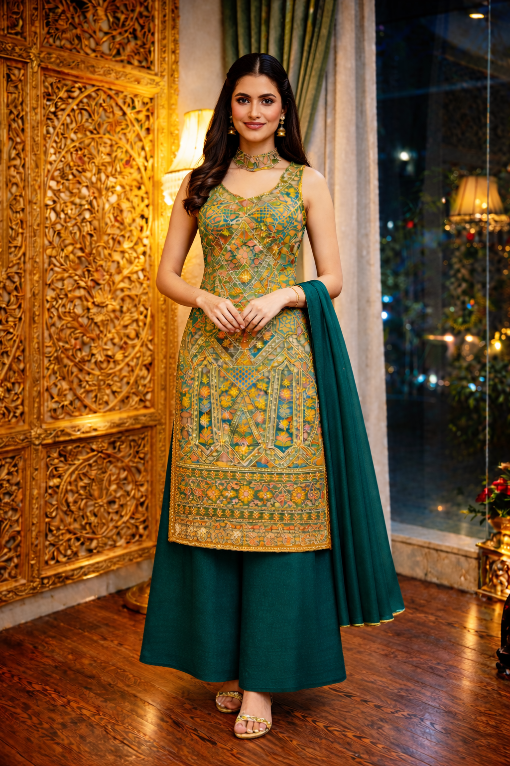 Position Print Long Straight Suit with Palazzo & Dupatta