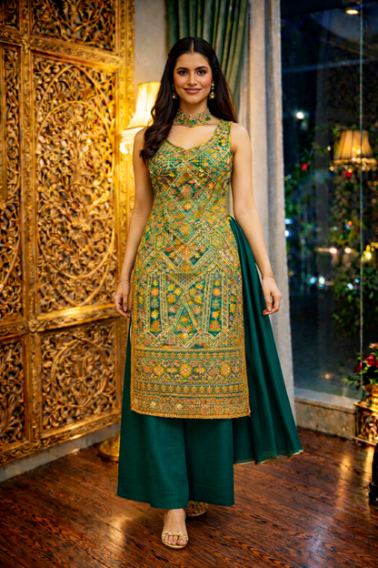 Position Print Long Straight Suit with Palazzo & Dupatta