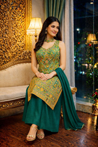 Position Print Long Straight Suit with Palazzo & Dupatta