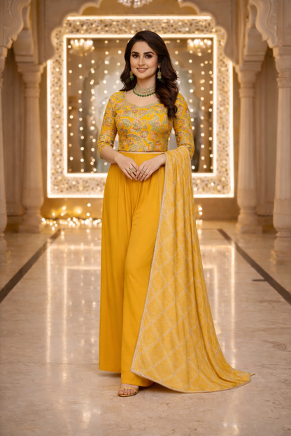 Embroidered Indo Top with Palazzo & Dupatta Set