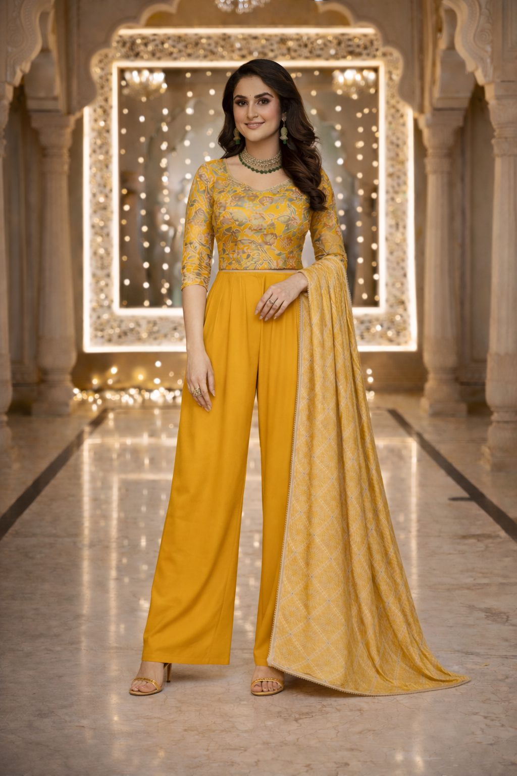 Embroidered Indo Top with Palazzo & Dupatta Set