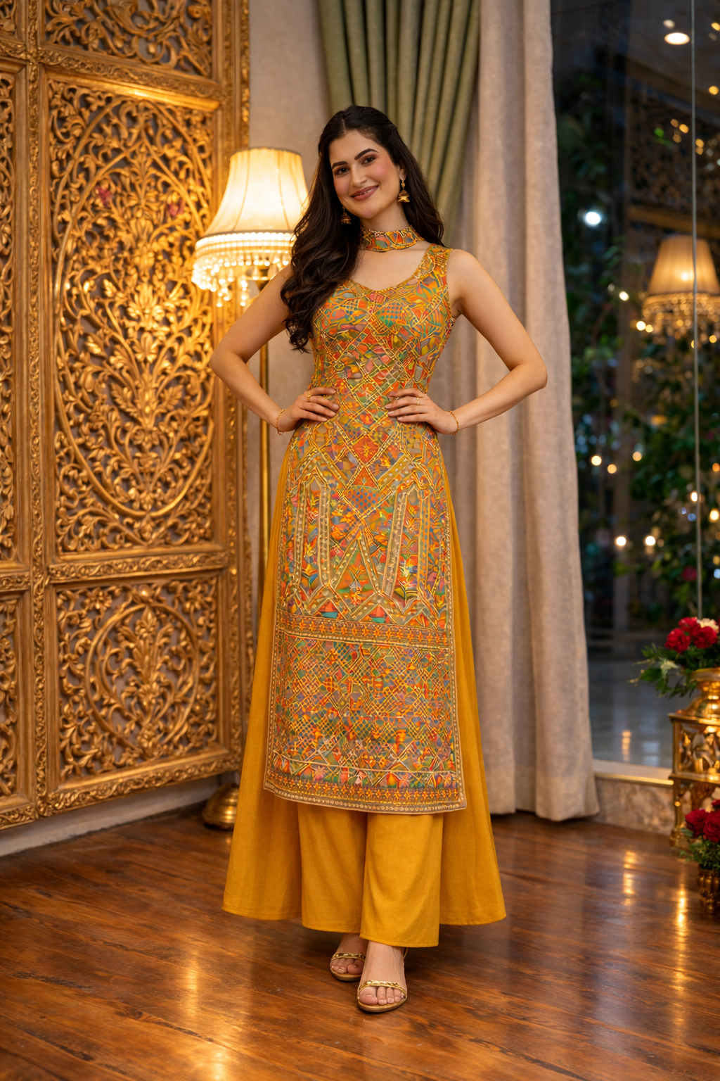 Position Print Long Straight Suit with Palazzo & Dupatta