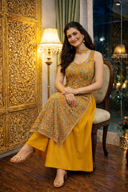 Position Print Long Straight Suit with Palazzo & Dupatta