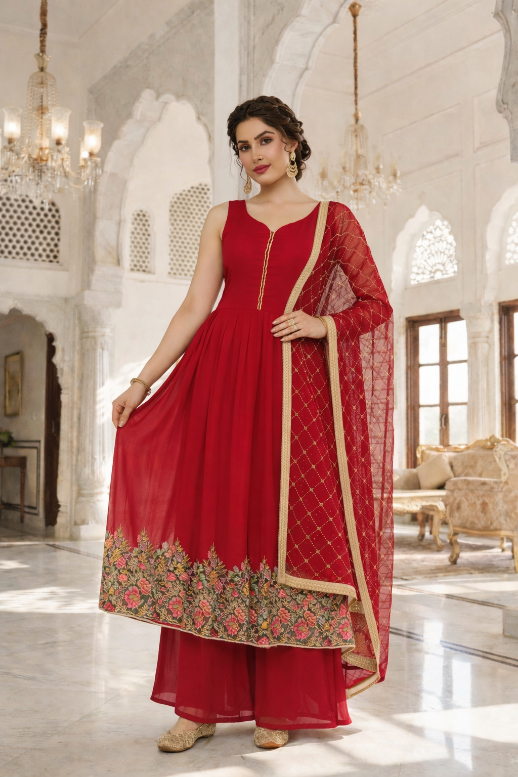 Heavy Embroidered Gher Anarkali with Palazzo & Dupatta
