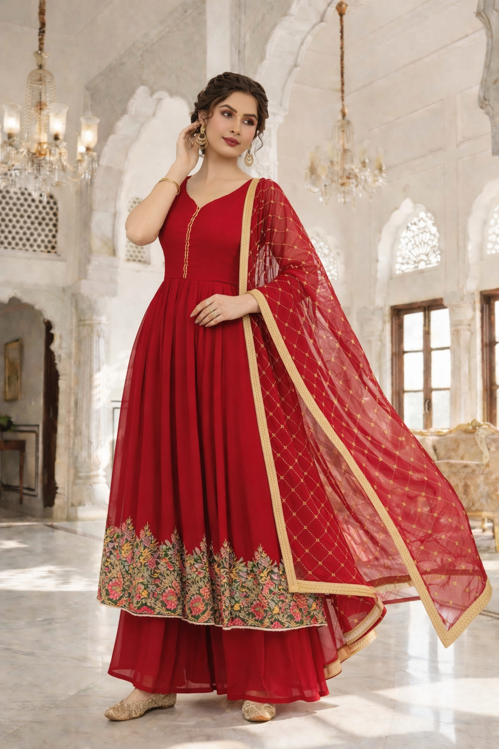 Heavy Embroidered Gher Anarkali with Palazzo & Dupatta