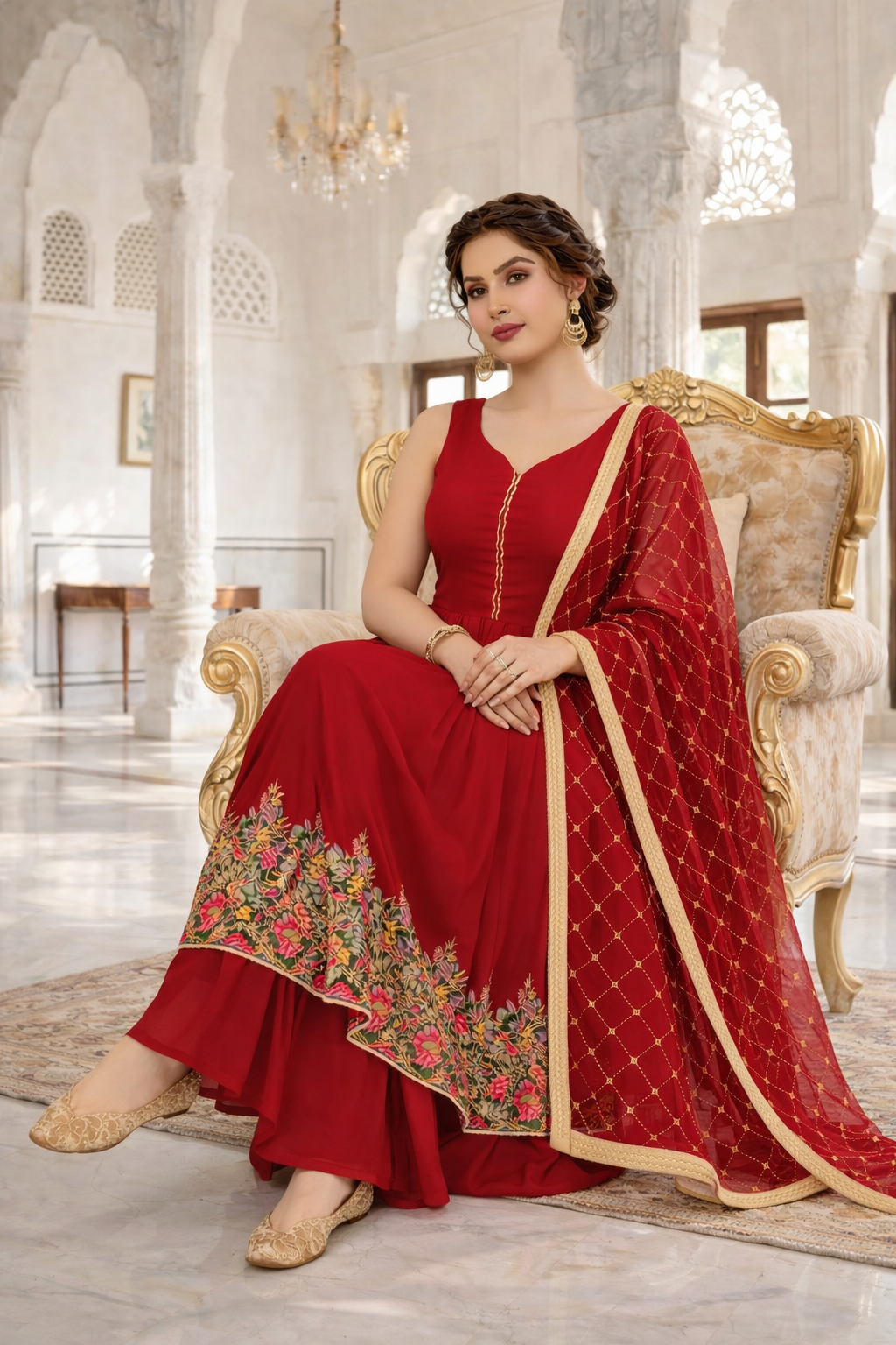 Heavy Embroidered Gher Anarkali with Palazzo & Dupatta