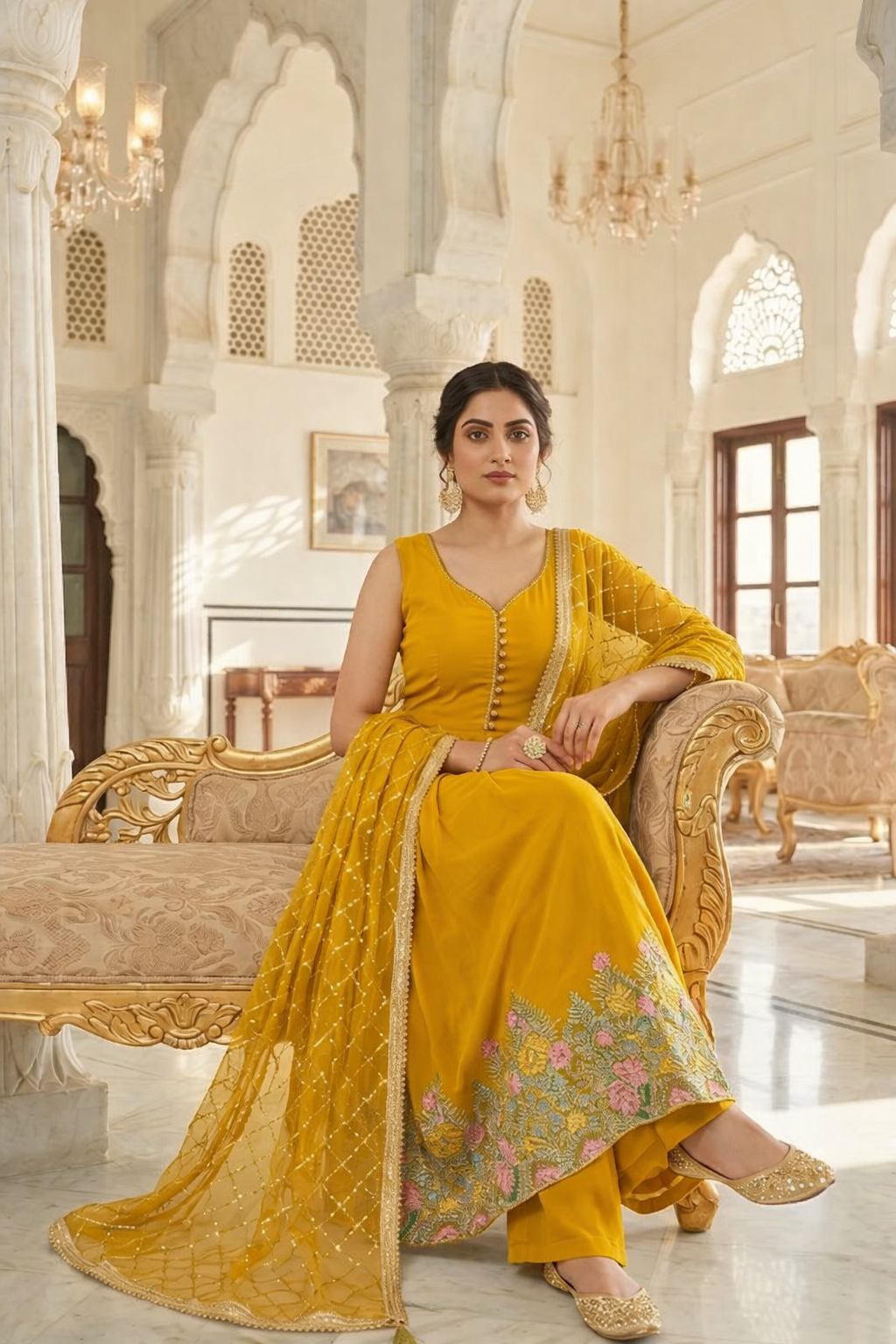 Heavy Embroidered Gher Anarkali with Palazzo & Dupatta
