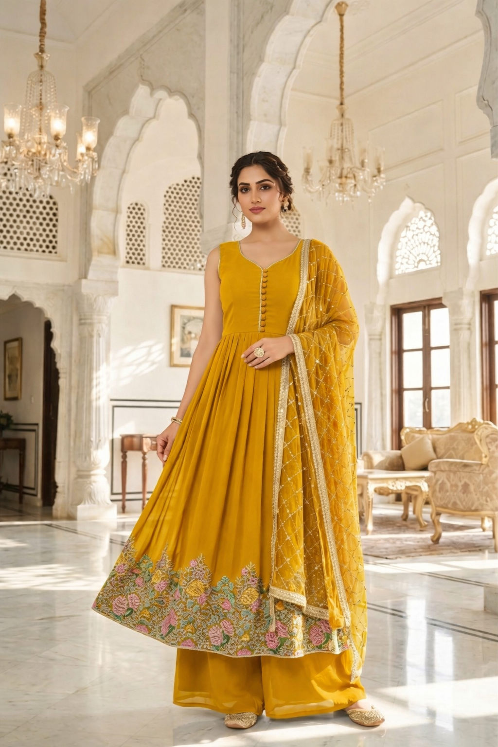 Heavy Embroidered Gher Anarkali with Palazzo & Dupatta