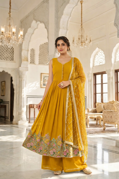 Heavy Embroidered Gher Anarkali with Palazzo & Dupatta