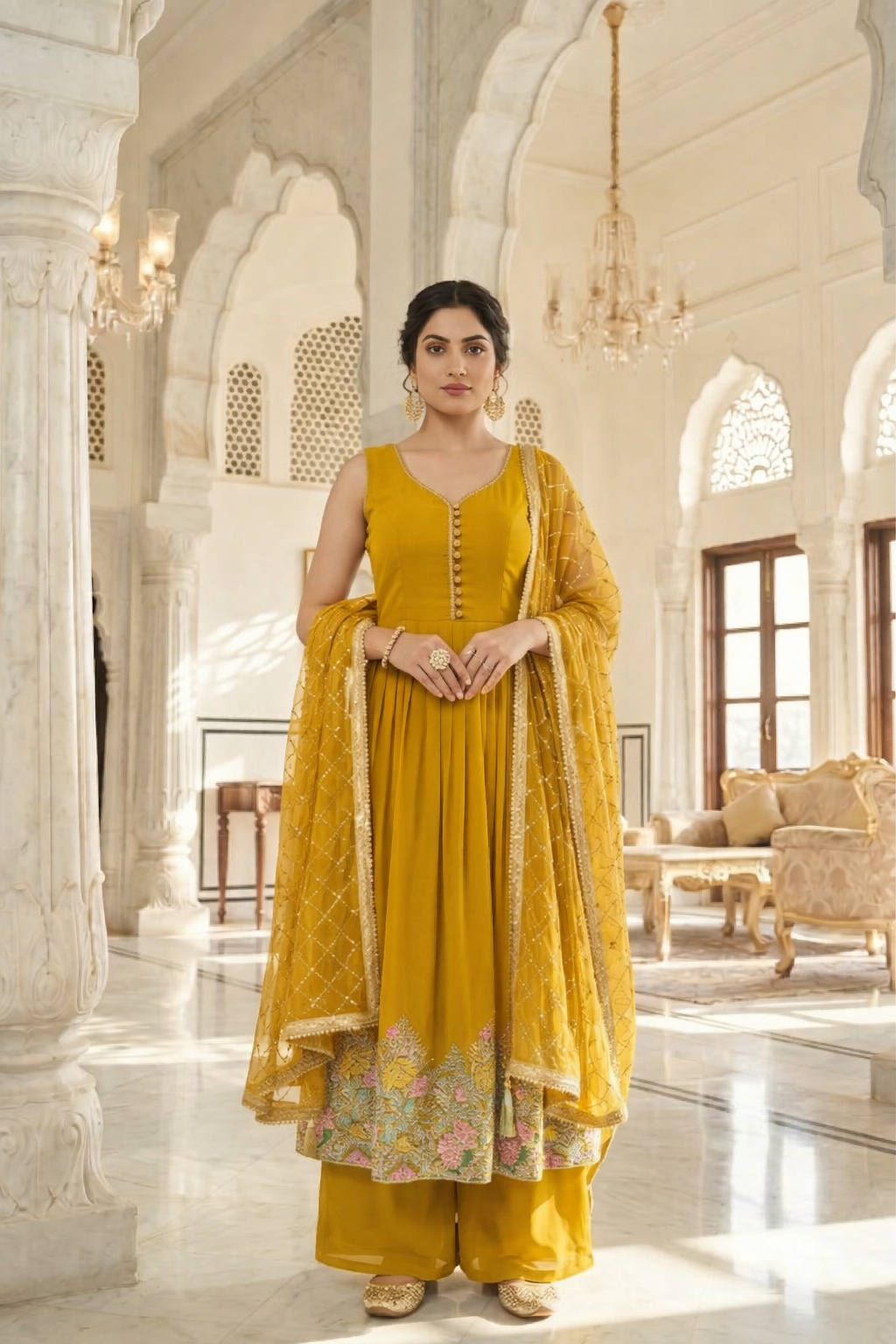 Heavy Embroidered Gher Anarkali with Palazzo & Dupatta