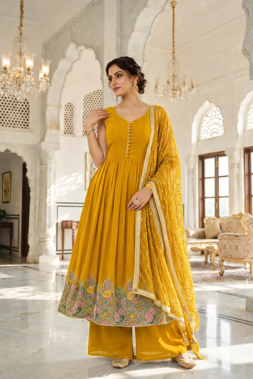 Heavy Embroidered Gher Anarkali with Palazzo & Dupatta