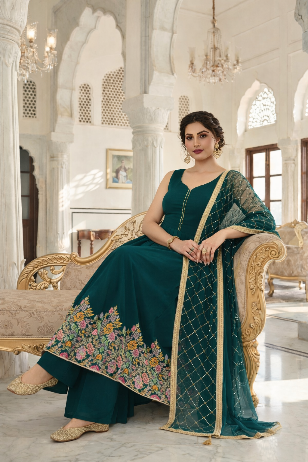 Heavy Embroidered Gher Anarkali with Palazzo & Dupatta