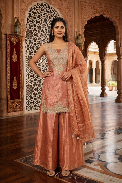 Embroidered Hand-Touched Straight Suit with Palazzo & Dupatta