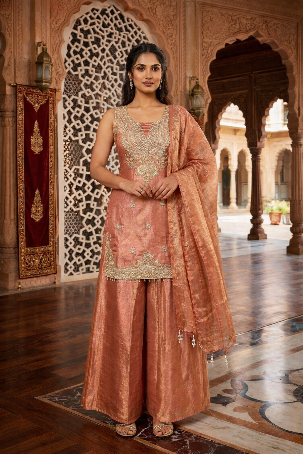 Embroidered Hand-Touched Straight Suit with Palazzo & Dupatta
