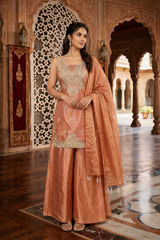 Embroidered Hand-Touched Straight Suit with Palazzo & Dupatta