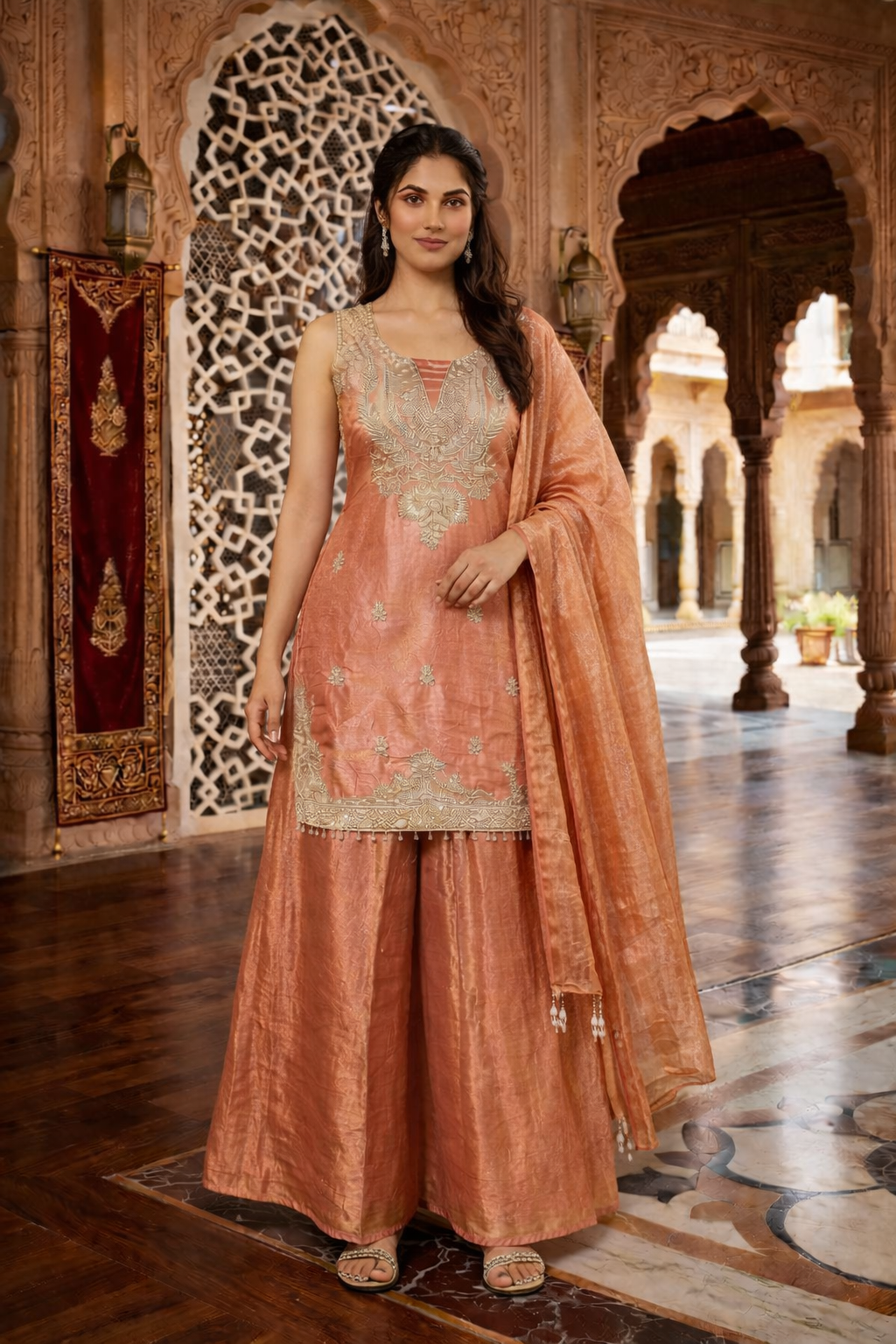 Embroidered Hand-Touched Straight Suit with Palazzo & Dupatta