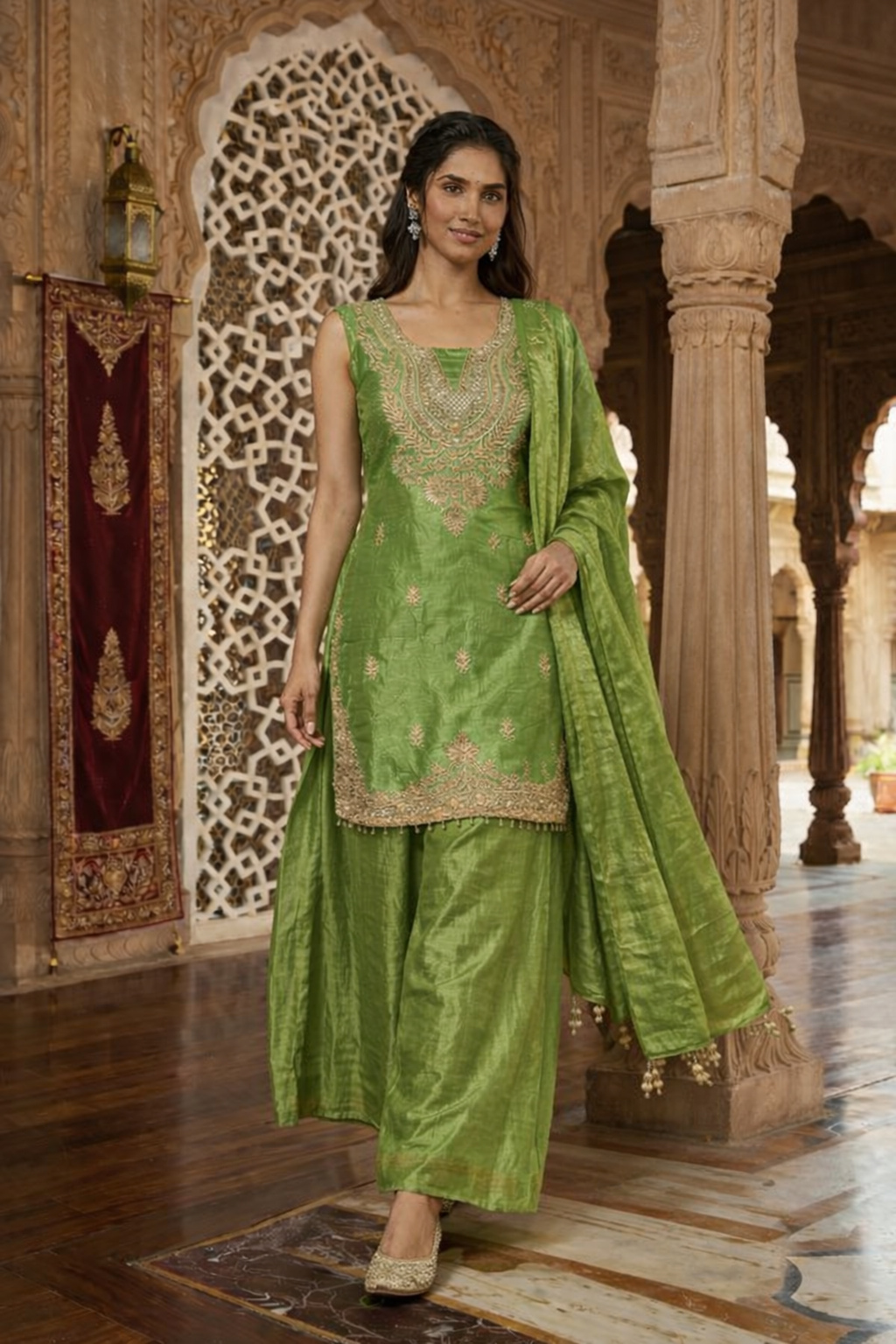 Embroidered Hand-Touched Straight Suit with Palazzo & Dupatta
