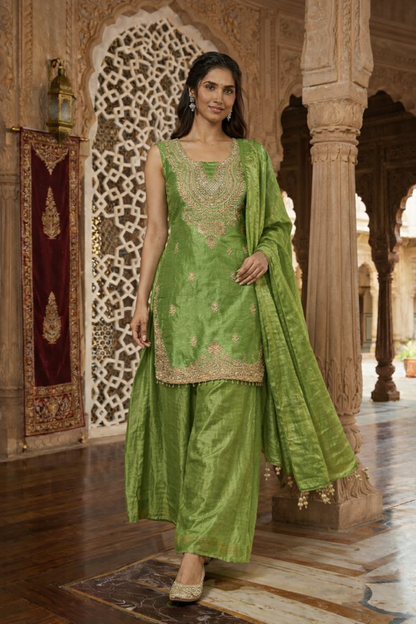 Embroidered Hand-Touched Straight Suit with Palazzo & Dupatta