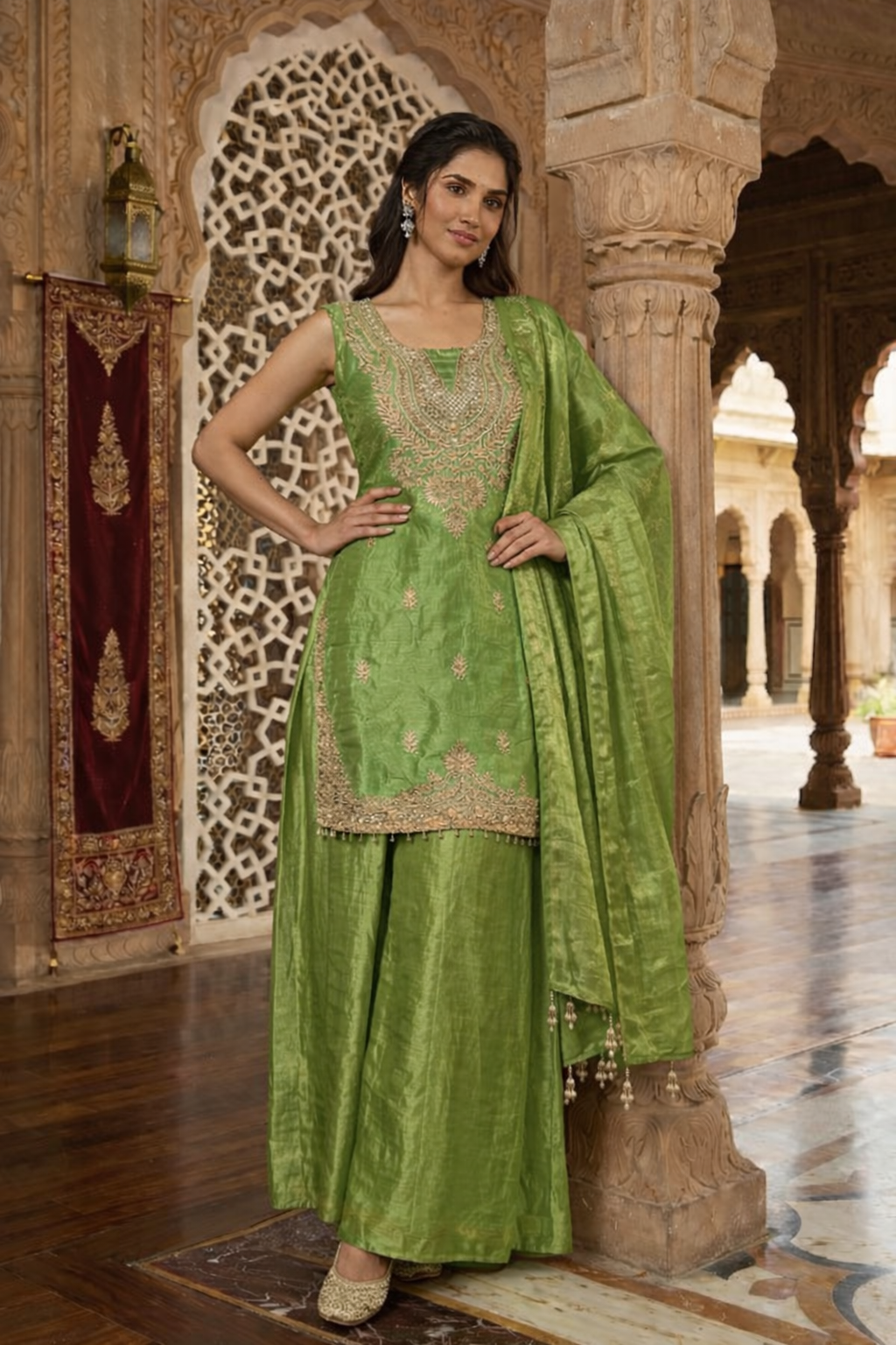 Embroidered Hand-Touched Straight Suit with Palazzo & Dupatta