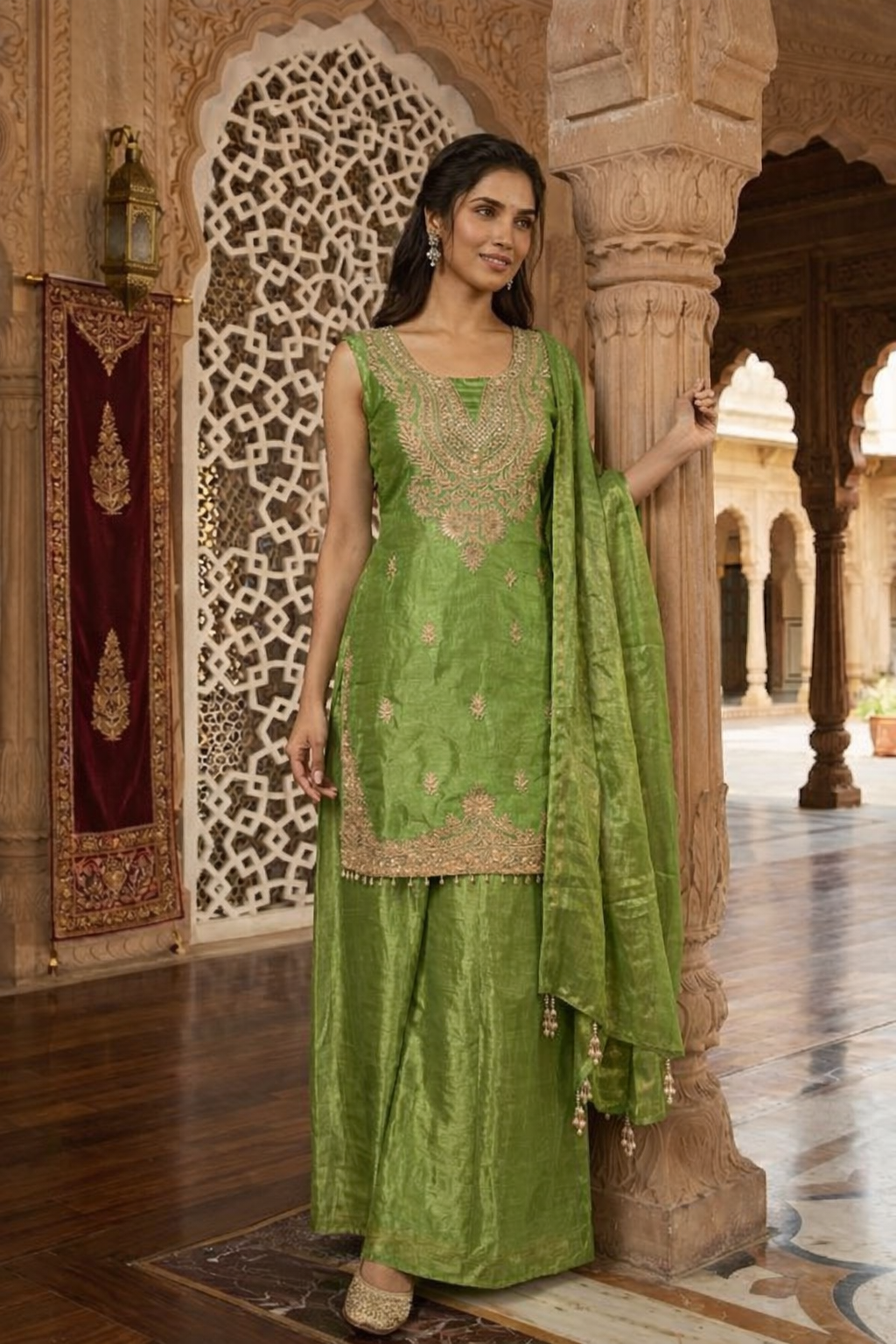 Embroidered Hand-Touched Straight Suit with Palazzo & Dupatta