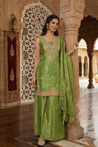 Embroidered Hand-Touched Straight Suit with Palazzo & Dupatta