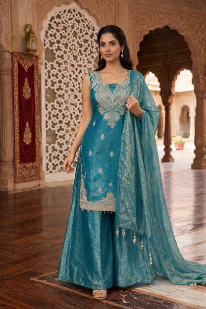 Embroidered Hand-Touched Straight Suit with Palazzo & Dupatta