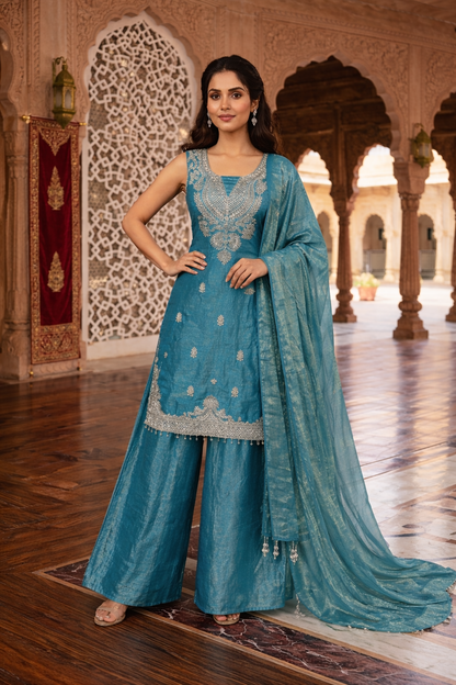 Embroidered Hand-Touched Straight Suit with Palazzo & Dupatta