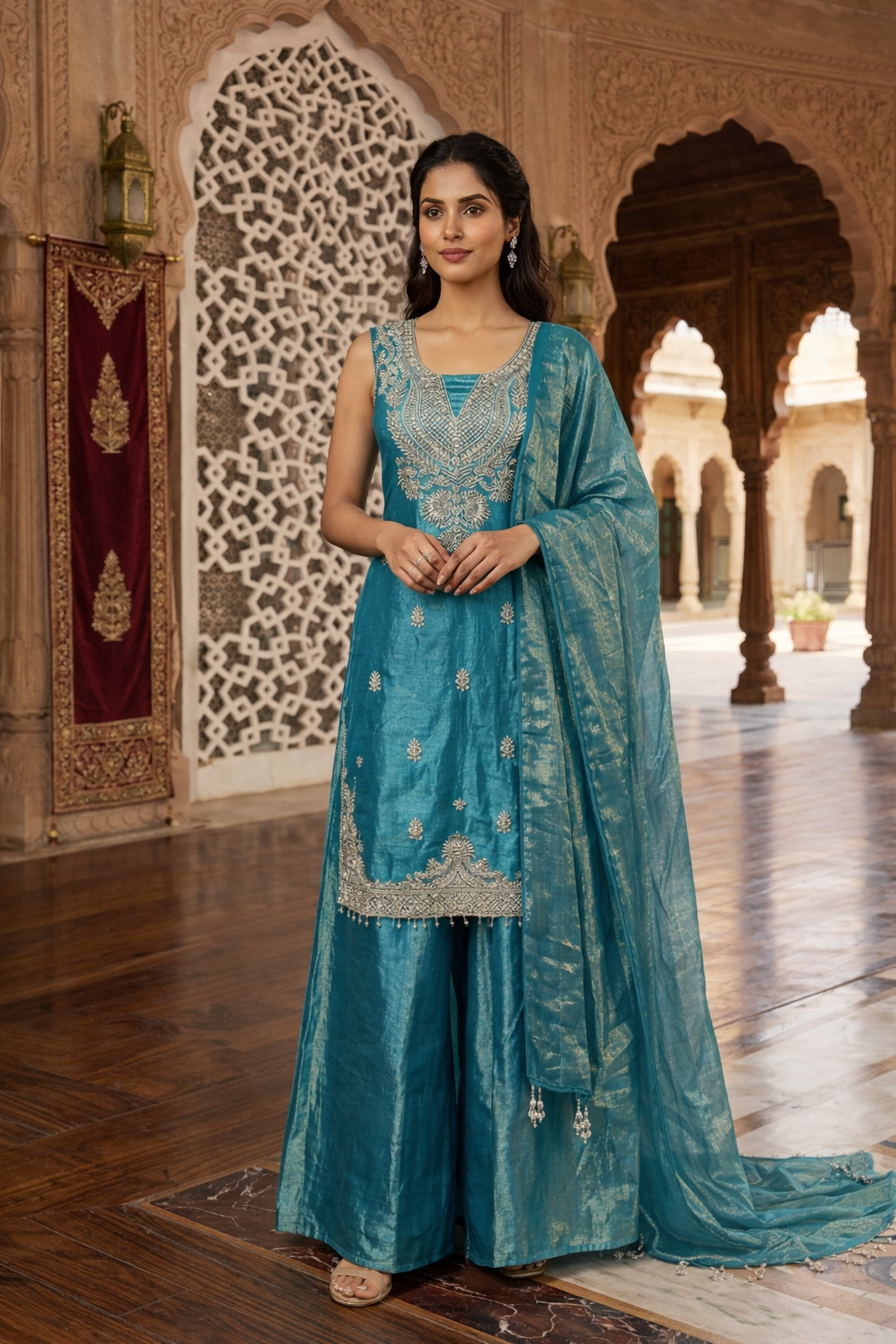 Embroidered Hand-Touched Straight Suit with Palazzo & Dupatta