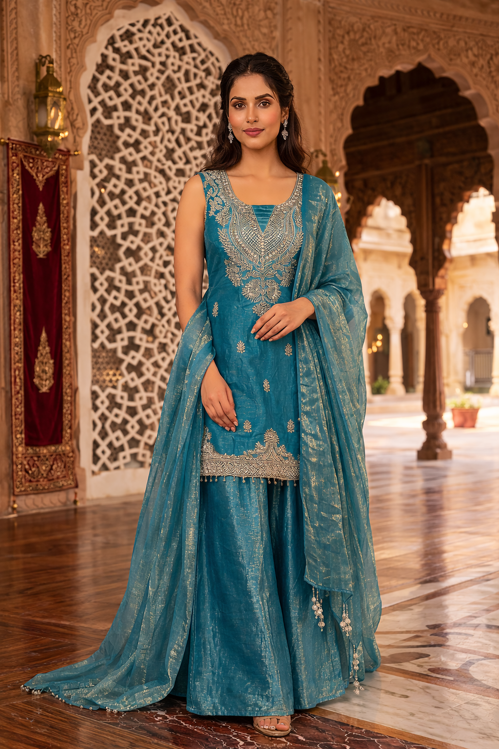 Embroidered Hand-Touched Straight Suit with Palazzo & Dupatta