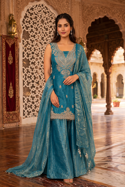 Embroidered Hand-Touched Straight Suit with Palazzo & Dupatta