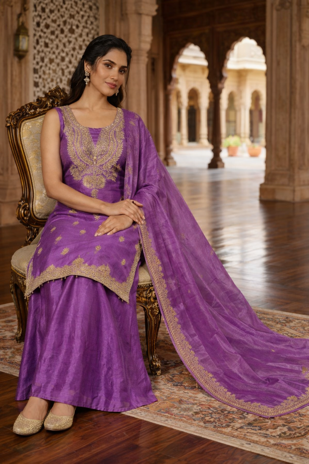Embroidered Hand-Touched Straight Suit with Palazzo & Dupatta